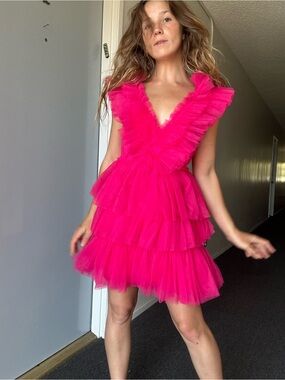 Betsey Johnson Show Off Tiered Tulle Dress in hot pink.